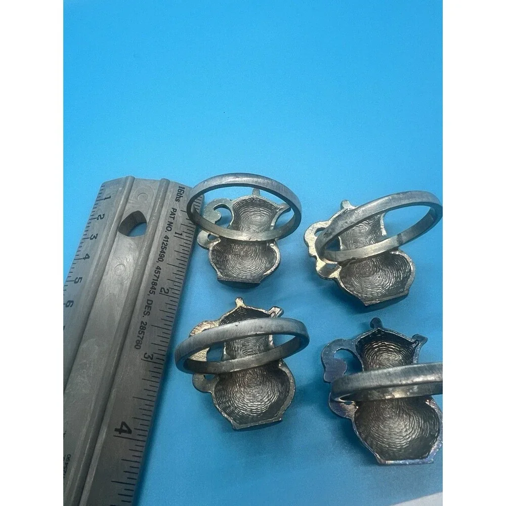 4 Vintage pewter Enamel & Rhinestone Teapot Napkin Ring Holders tea decor table